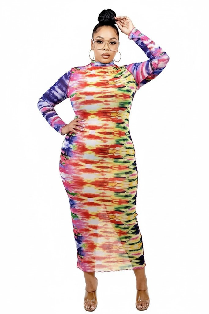 knee length dresses for ladies True Colors Tie-Dye Mesh Ruched Corset Maxi Dress Pink & Blue & Green / S main image 1