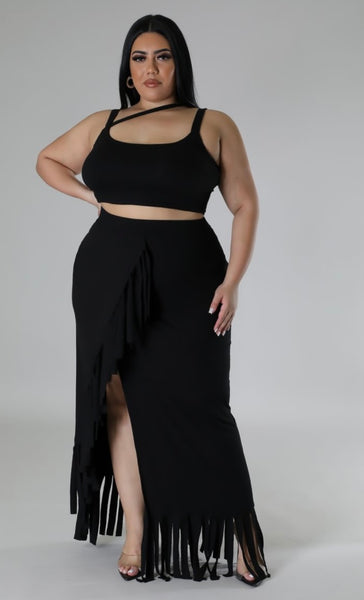 Azalea Fringe Skirt Set (Black)